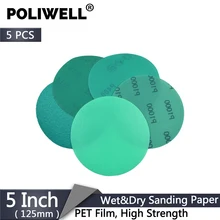 POLIWELL 5PCS 125mm Green PET Film Sanding Disc Grit 60 to 2000 Waterproof Anti-Clogging Sandpaper Hook & Loop Abrasive Tools