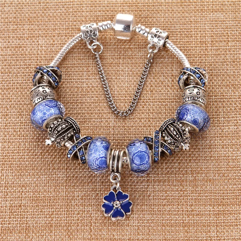 European Style Silver plated Flower Pendant Blue Crystal Fashion DIY Elegant Charms Pand Bracelets &amp Bangles For Women Gift | Украшения