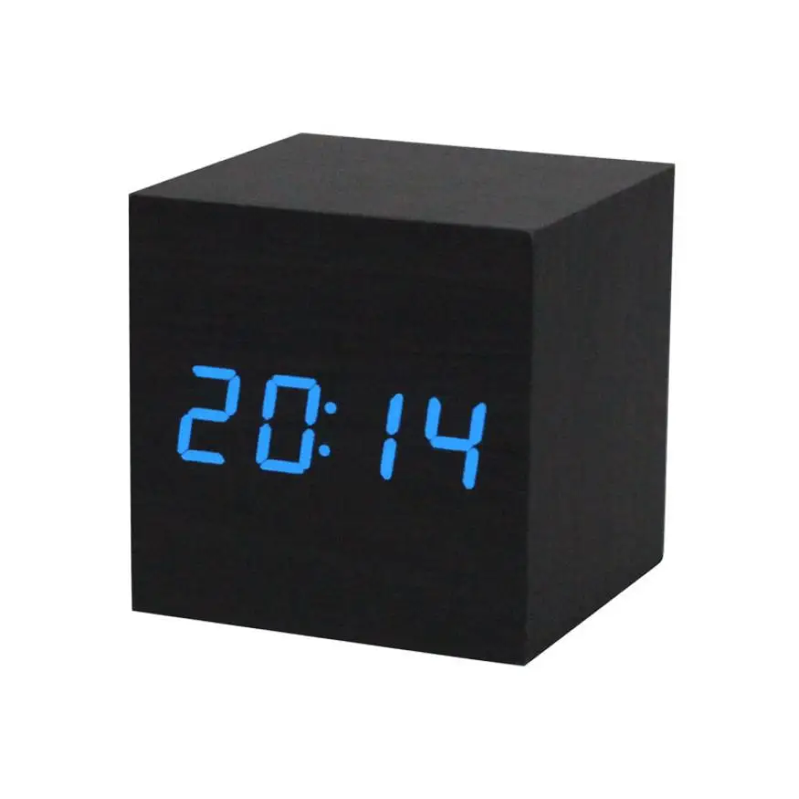Горячий 1 шт. 62X62X62 мм цифровой светодиодный черный деревянный Настольный Будильник коричневые часы Голосовое управление