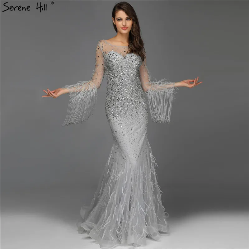 Серебристые вечерние платья с длинным рукавом в Дубае, Роскошные вечерние платья с круглым вырезом, украшенные перьями и кристаллами, Serene Хилл LA60912 - Цвет: silver