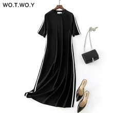 WOTWOY, летнее, ленточное, вязаное, длинное платье, женское,, повседневное, элегантное, с круглым вырезом, прямое, до середины икры, платье, черное, зеленое, женская одежда