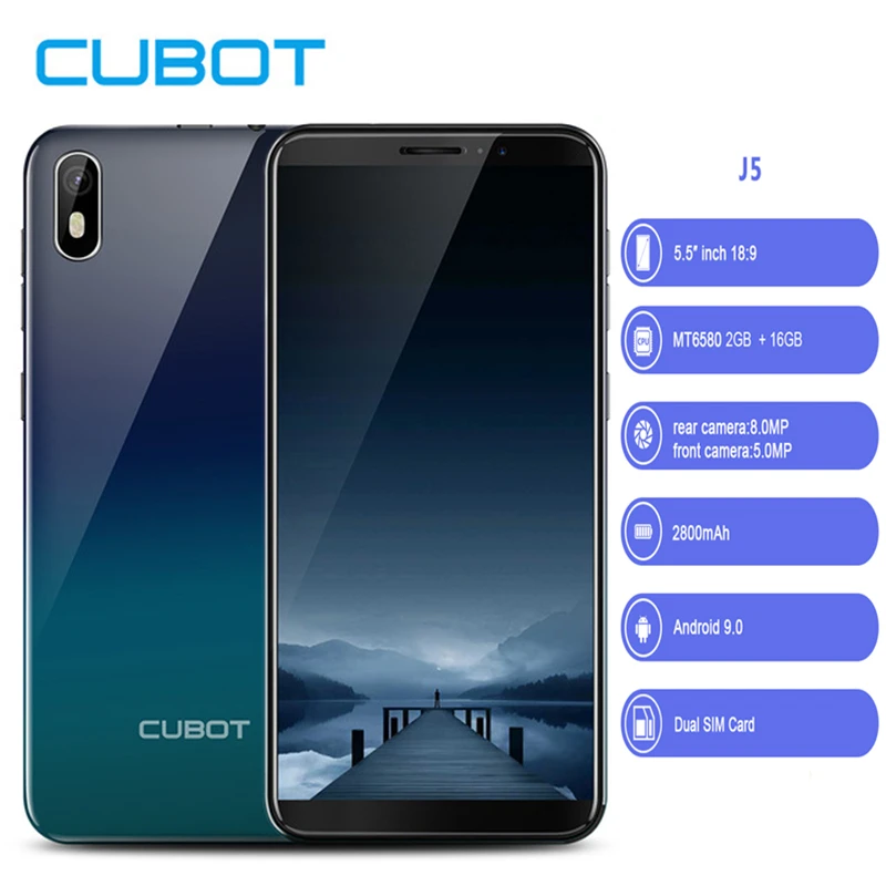 

Cubot J5 Android 9.0 18:9 Full Screen Smartphone 5.5 Inch MT6580 Quad Core 2GB 16GB Celular 8.0MP 2800mAh 3G WCDMA Mobile Phone