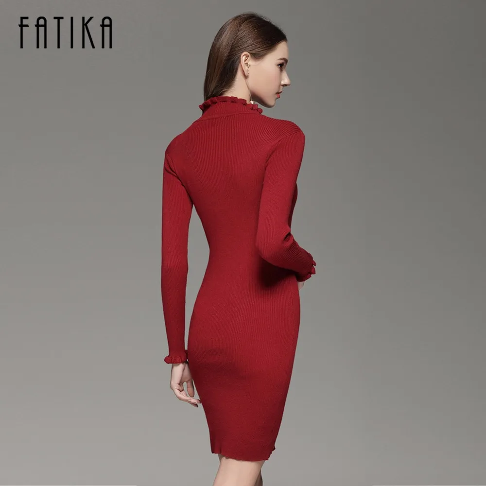 FATIKA Мода 2017 женское облегающее платье с длинным рукавом и высоким воротом