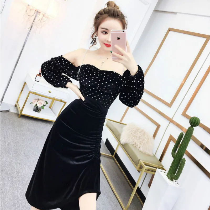 

Set women's retro sexy word collar strapless gold velvet top shirt + waist drawstring pleated midi skirt 2 two piece set women