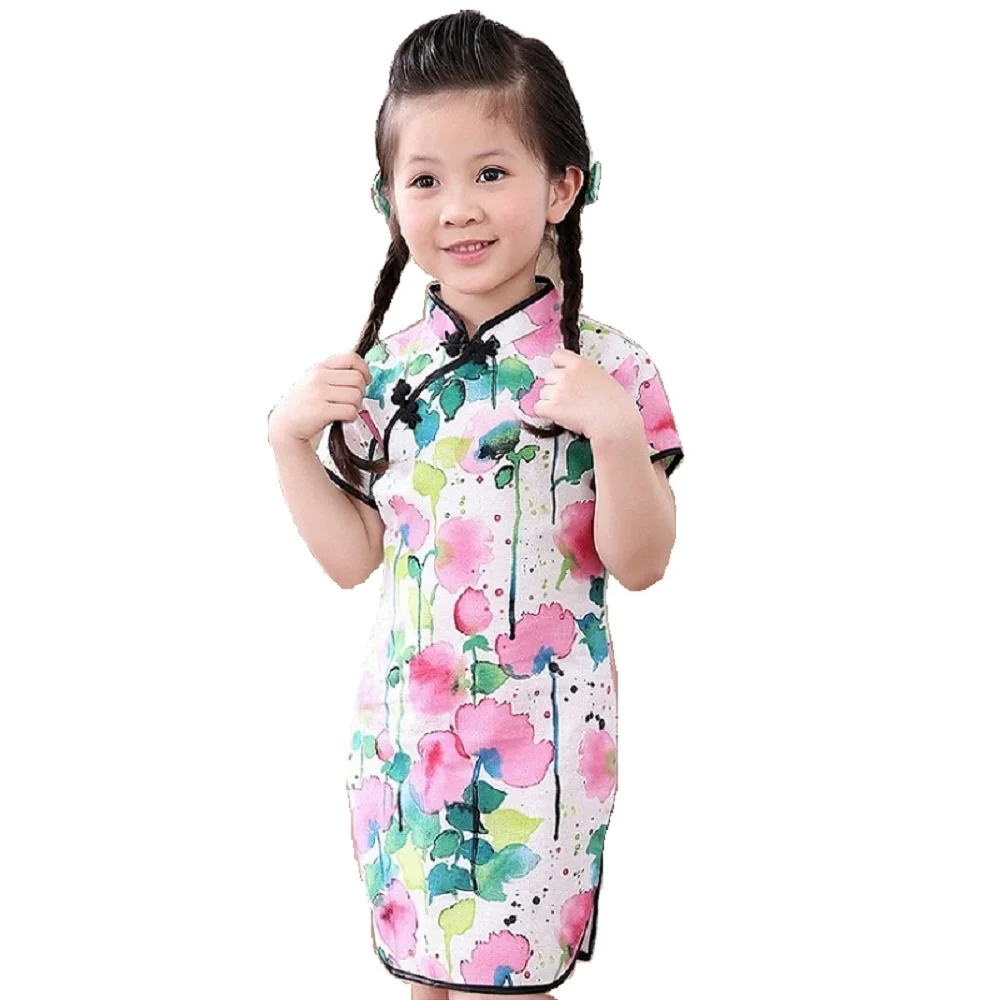 girl baby dresses Rose Floral Baby Girls Qipao Dress Chinese Traditional Chi-pao Fashion New Year Children Dresses Kids Cheongsam Linen Clothes baby girl skirt Dresses