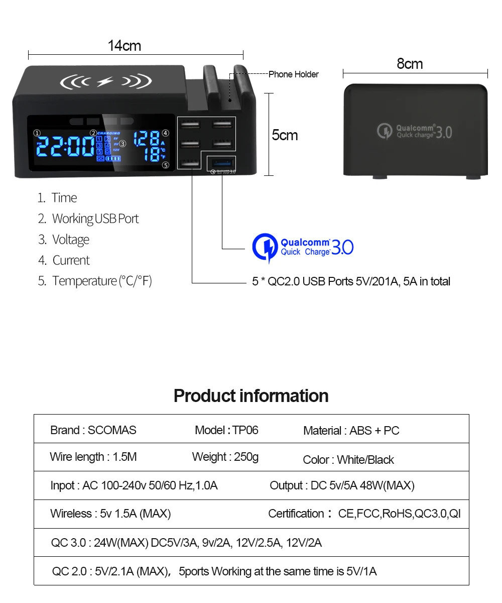 SCOMAS 48 Вт 3 в 1 6 портов USB умная розетка мульти домашний дорожный настенный адаптер питания с ЖК QC3.0 Быстрая зарядка+ Беспроводное зарядное устройство