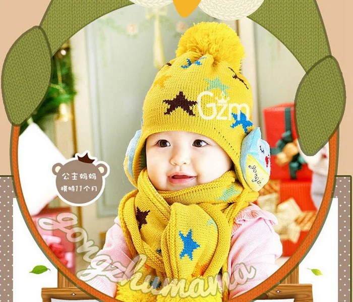 BH40 Kids Boys Girls Crochet Winter Warm Beanie Five Pointed Star Baby Hat Earflap Protection Scarf+Cap 2pc