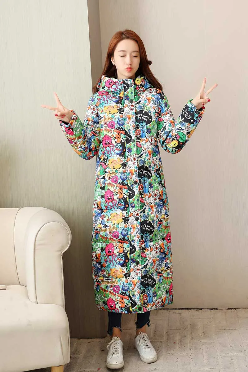 BJCJWF Fashionable Coat Winter Women Parka 2018 Hight Quality Casual Thick Warm Jacket Female Long printing Hooded Parka Hot