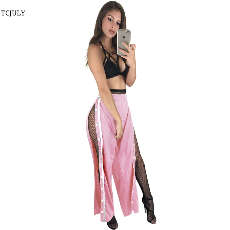 TCJULY Modish Inside Furcal женские широкие брюки с заклепками, декорированные в полоску, длинные женские повседневные брюки, свободные брюки палаццо - Цвет: Pink