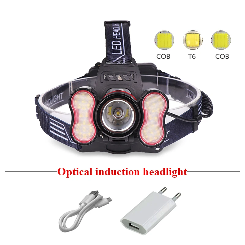 Best light sensor cob headlamp 18650 headlight Night riding usb led lamp head lamp xml t6 camping charge head torch lampe frontale