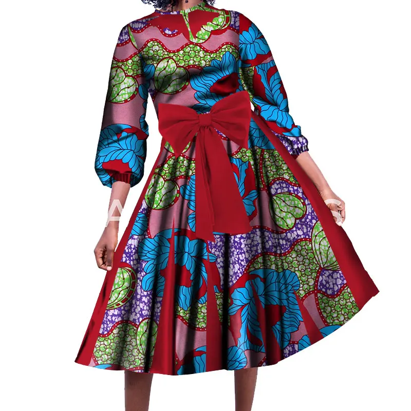 Модное женское платье с длинным рукавом, традиционное Африканское Хлопковое платье с цветочным принтом и бантом, Элегантное свадебное платье для вечеринки, WY258