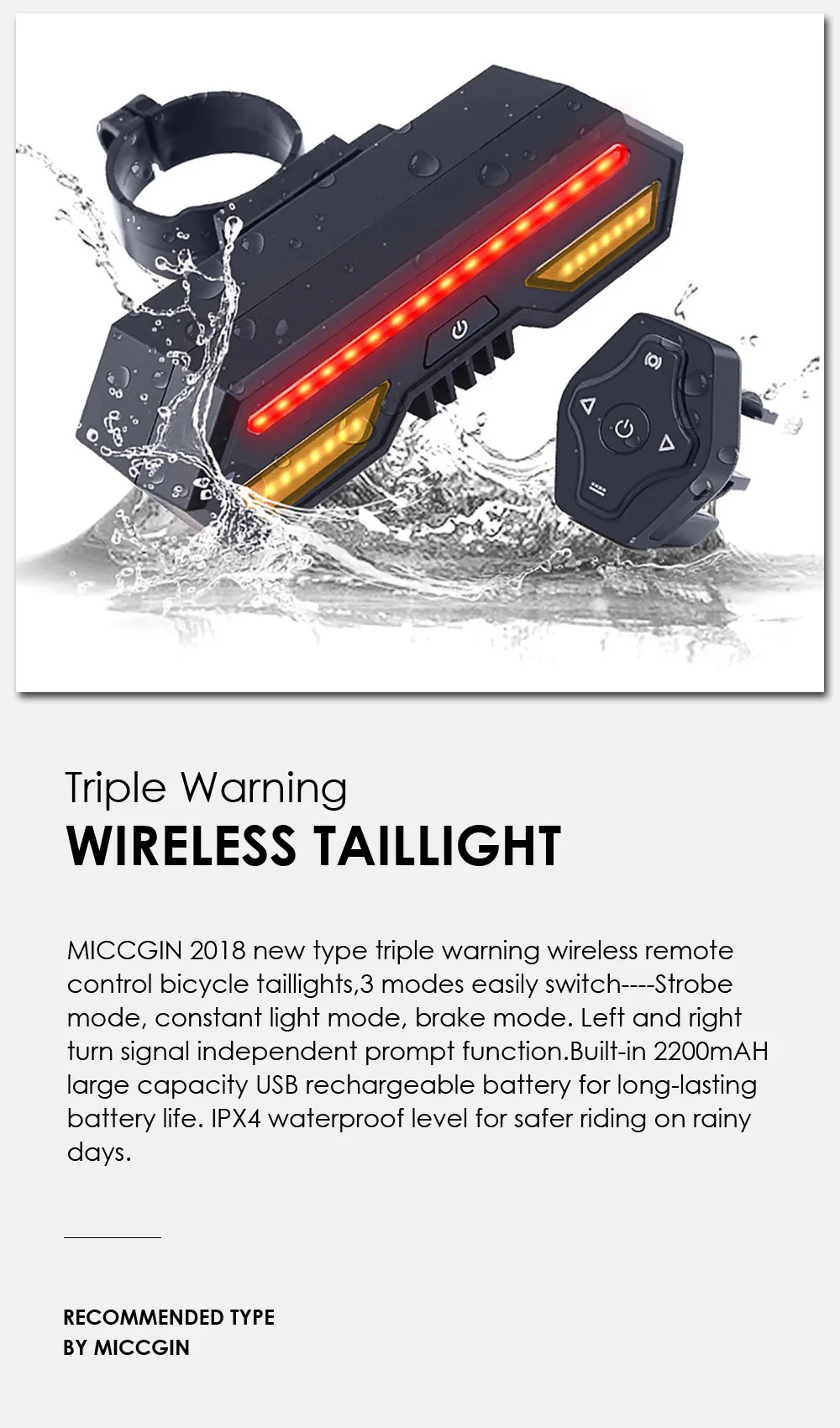 Best MICCGIN Bicycle Wireless Remote Control Turn Tail Light Bike Rear Light USB Rechargeable Waterproof LED Cycling accessory 0