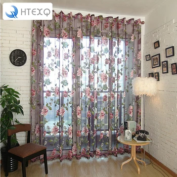 

HTEXQ New Classical Floral Design Rustic Curtain Window Screening Balcony Finished Product Purple and Yellow Tulle Curtain