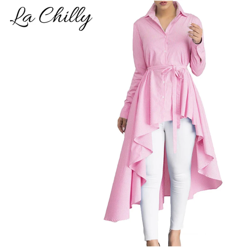 Autumn Fashion Women Plus Size Dresses Striped Lapel Shirt High Low Belted Shirt Dress LC250364 font