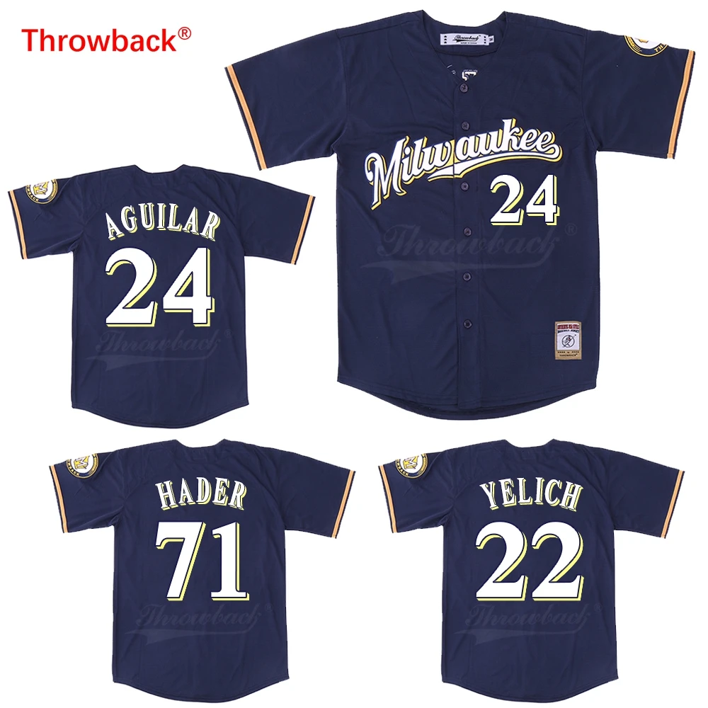 

Throwback Jersey Men's Milwaukee Blue Jersey 22 Christian Yelich 24 Jesus Aguilar 71 Josh Hader Baseball Jersey Size S-XXXL