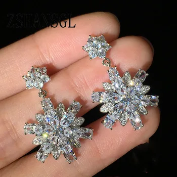 

Hot Sale Romantic SnowFlower Stud Earrings For Wedding Elegant 925 Sterling Silver AAA Cubic Zirconia Stone Earring Jewelry