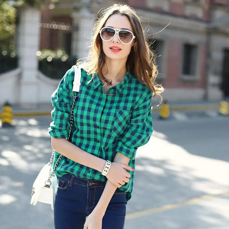 Long Green Oversized Plaid Shirt Women Fashion Loose Womens Shirt In