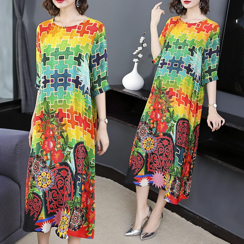 

Rainbow Fake Silk Dress Plus Size Loose High Quality Elegant Vintage Party Dresses Robe Midi Print Floral 2019 Summer Clothing
