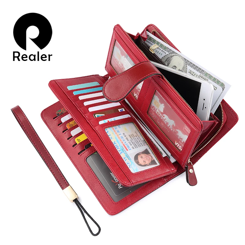 Realer wallet women long Split Leather folding wallet ladies purse thin