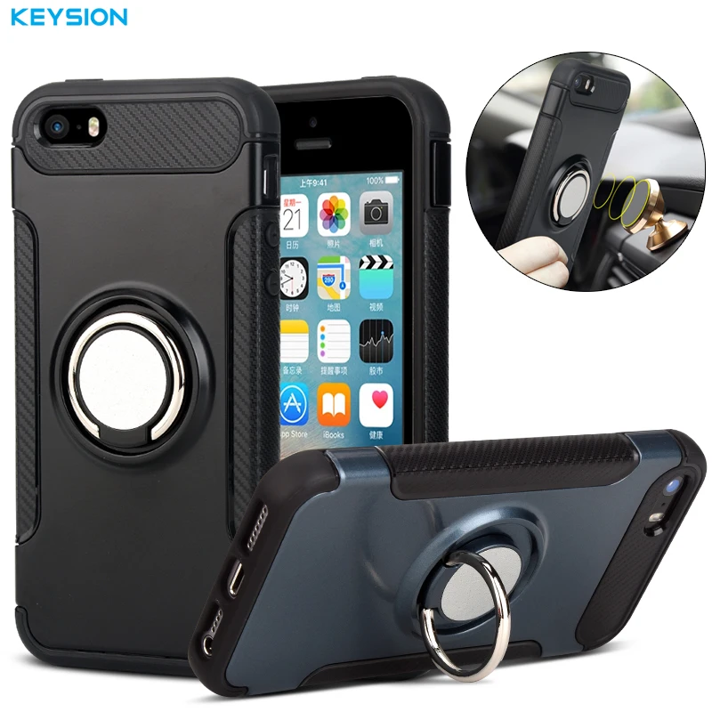 KEYSION Case for iPhone 5 5S SE Car Holder Stand Magnetic Suction Bracket Finger Ring TPU + PC Cover i5se |