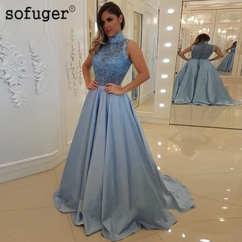 

Sky Blue Prom Dress Long Beaded Bodice Appliques High Neck Sleeveless Plus Size Evening Dresses Womens Formal Party Gowns
