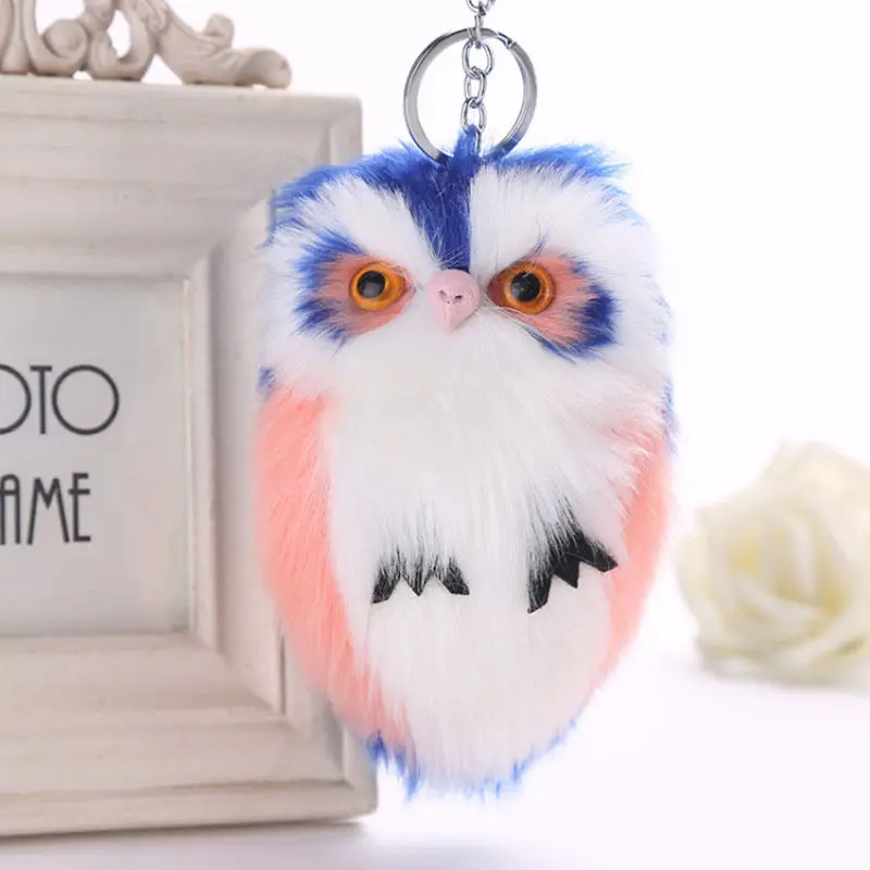 

Rabbit Fur Pompoms Fluffy Owl Keychain & Pendant Women Key Rings Holder Cute Faux Bunny Key Chains For Handbag