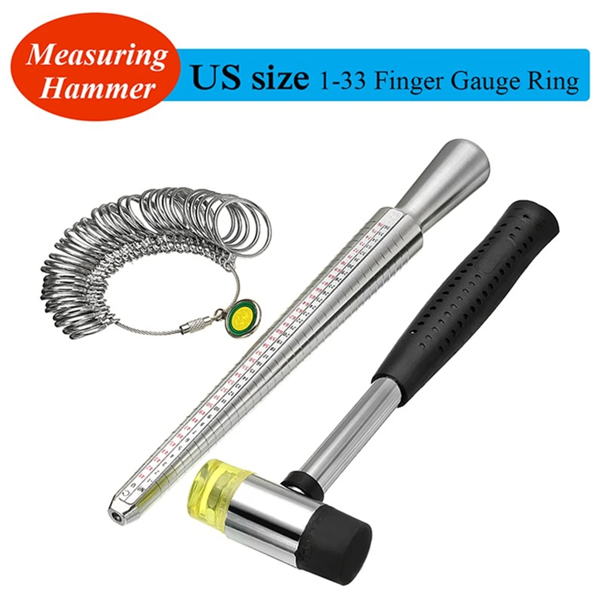 

3pcs 1-33 US Size Ring Sizer Stick Mandrel Finger Gauge Ring Set Measuring Hammer Jewelry Tool Kit Hand Tool Parts Silver