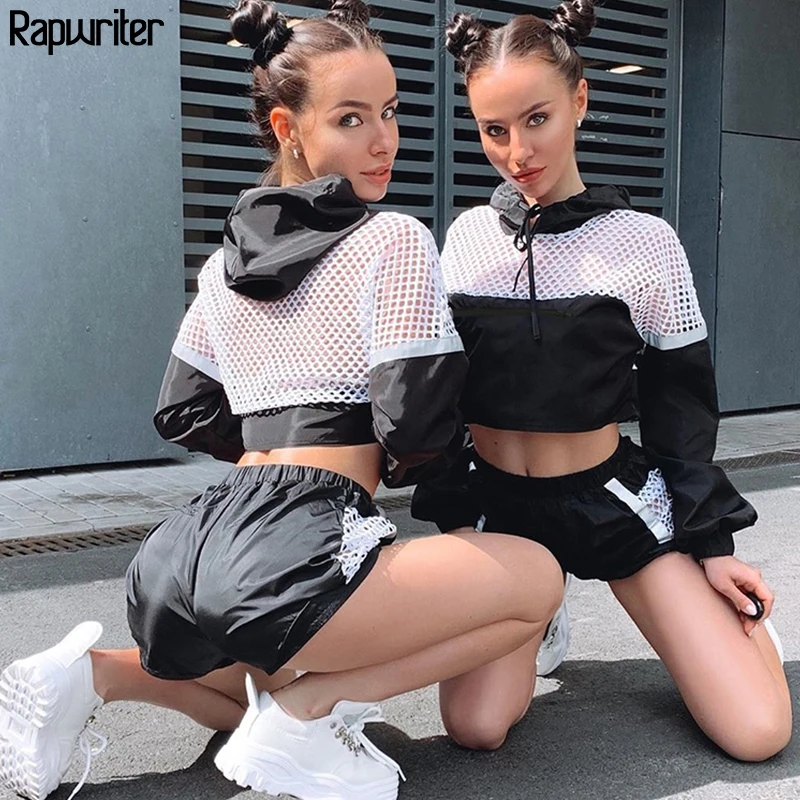 

Rapwriter Casual Long Sleeve Loose Transparent Net Reflective Strip Hoodies Women 2019 Autumn Black Harajuku Crop Sweatshirts