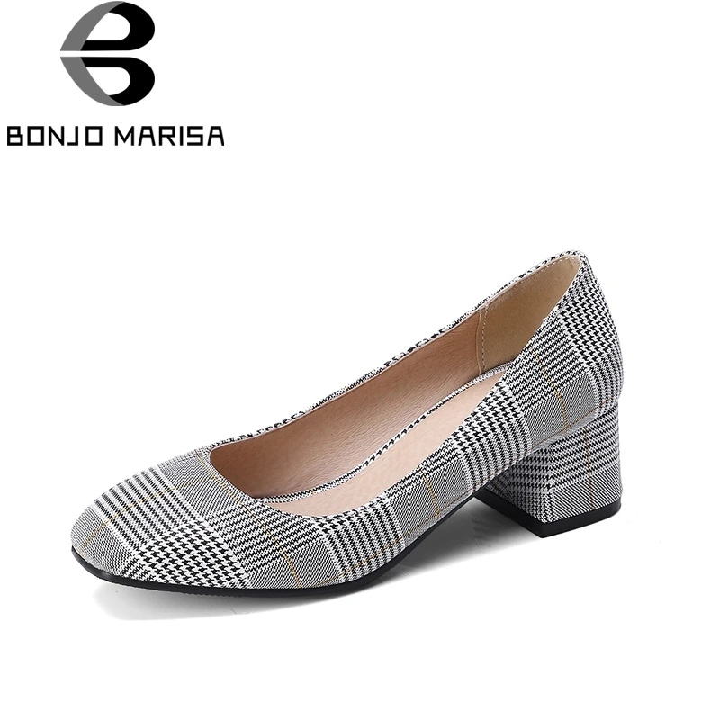 

BONJOMARISA Large Size 33-47 Women Square Heels Gingham Graceful Office Slip On Pumps Women Shoes High Quality