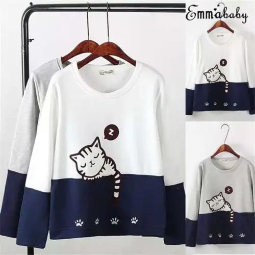 

Cute Womens Sweatshirts Hoodie Tops Kawaii Sleeping Cat Long Sleeve Sweatshirt Hooded Pullover Tolstovka