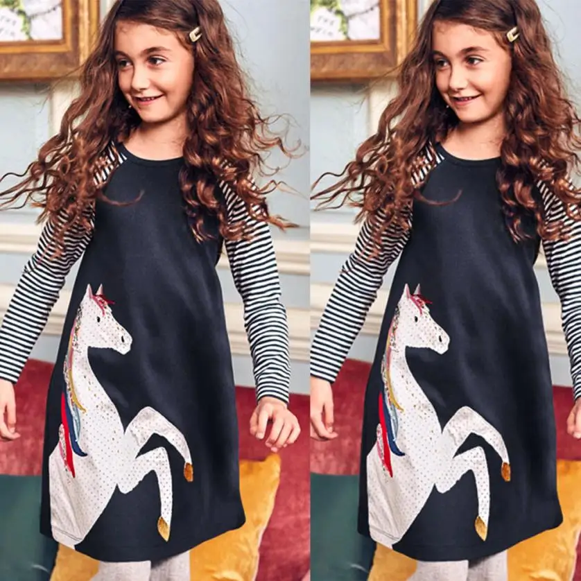 

Popular Baby Girls Infant Kids Dresses Cartoon Clothes Horse Stripe Dress Casual Kids Dresses For Girls Vestido Baby Clothing