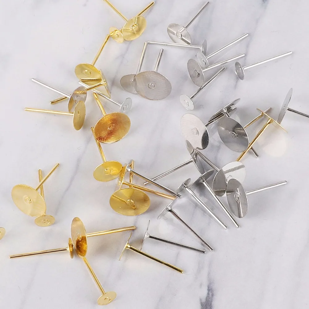 

100pcs/lot Metal Blank Post Earring Studs Pins Silver Color Flat Round Tray Base 4mm 6mm 8mm Ear Jewelry Findings Accessories