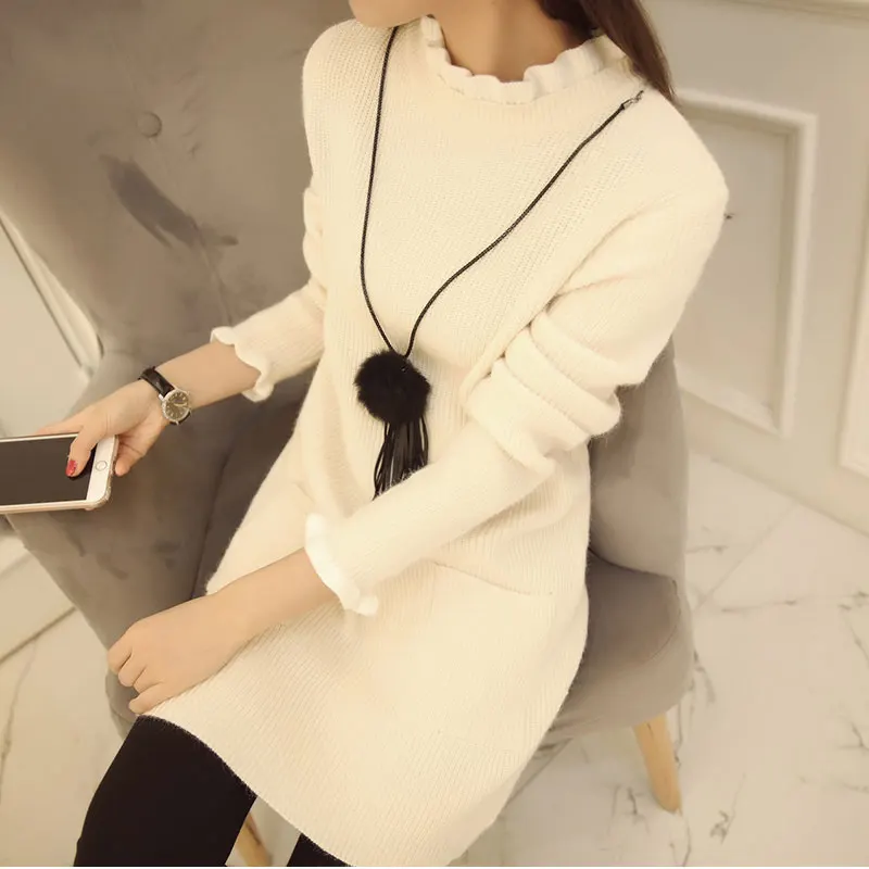 New Women's Sweater Autumn 2016 Winter Fashion Half turtleneck Wave-selvedge Solid Loose Pullover Knitted Sweater Dress Female