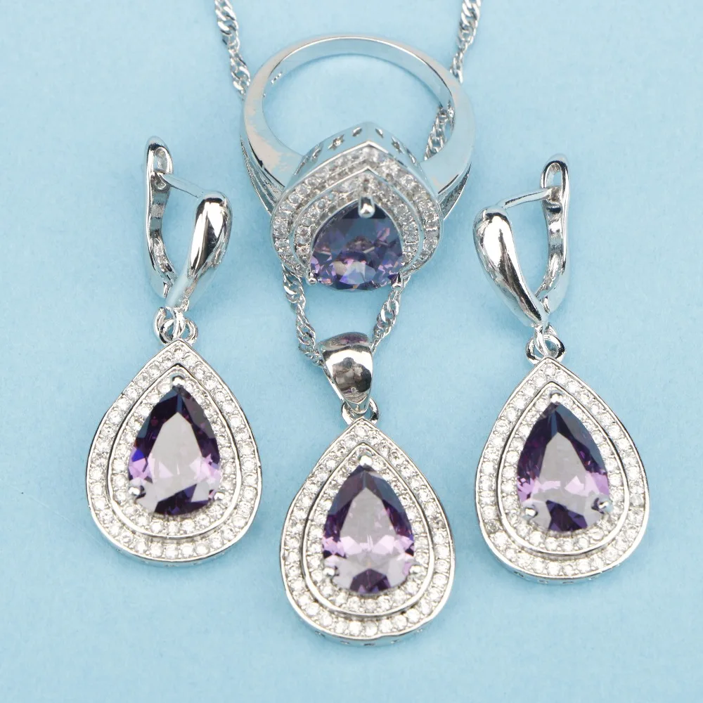 Волшебный благородный ювелирный набор, 925 пробы, Серебряный верх AAA+ фиолетовые камни для женщин, ожерелье, серьги, кольцо, браслеты, кулон