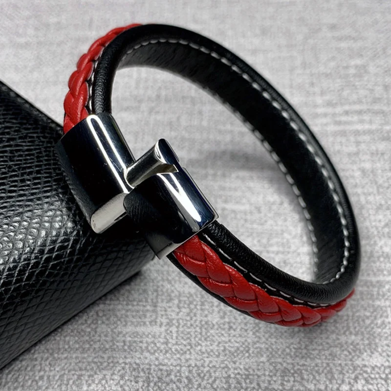 Модные черные, красные кожаные браслеты, мужские наручные браслеты, нержавеющая сталь, магнитная пряжка, очаровательные браслеты, мужские ювелирные изделия, подарки