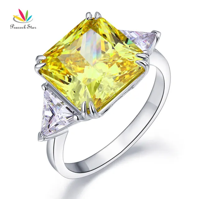 Peacock Star Solid 925 Sterling Silver Three-Stone Luxury Ring 8 Carat Yellow Ca Peacock Star Solid 925 Sterling Silver Three-Stone Luxury Ring 8 Carat Yellow Ca