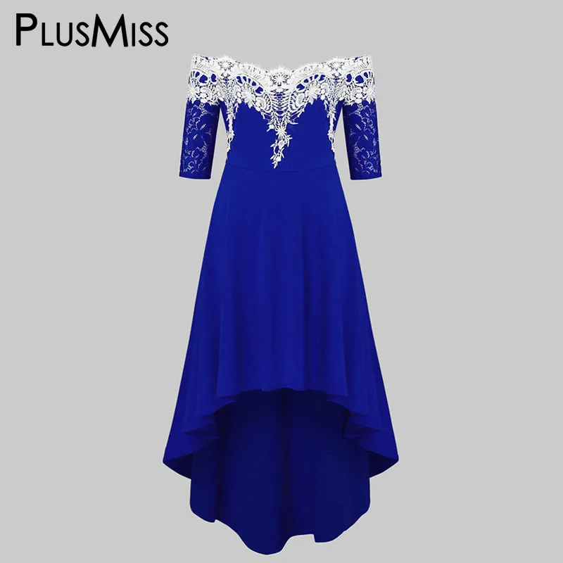 PlusMiss размера плюс 5XL, сексуальное платье с открытыми плечами и Макси длинное платье Для женщин из кружев «кроше» с элегантные Платья для вечеринок большой Размеры XXXXL XXXL XXL - Цвет: Синий