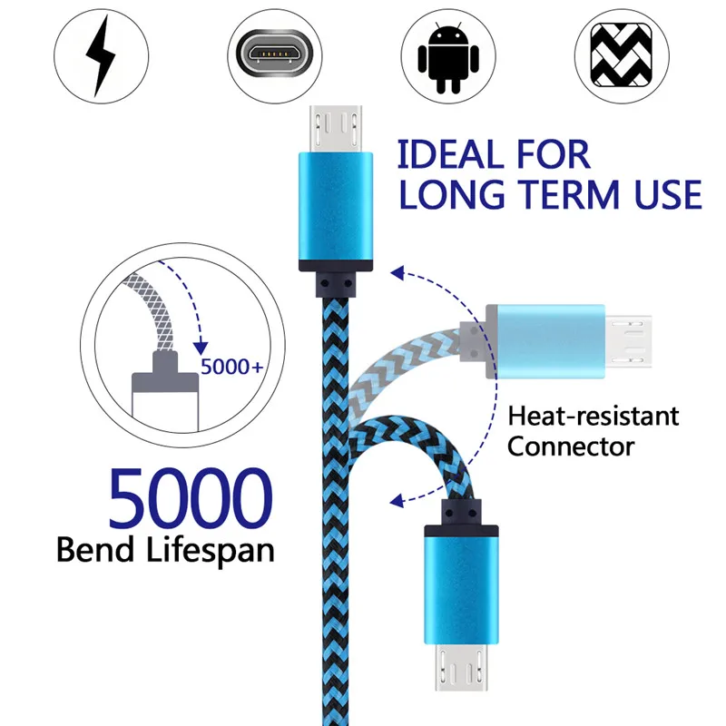 Nylon Micro USB Cable Fast Charging Data Sync Charger Cable Cord For Android Mobile Phone Samsung Huawei Xiaomi OPPO SONY Tablet