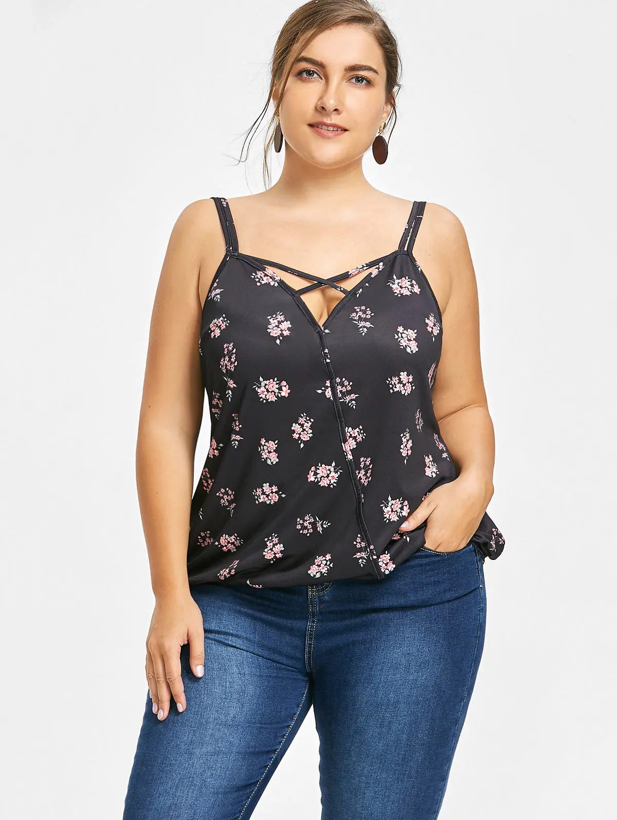 Gamiss Plus Size Cami Floral Print Criss Cross Top Floral Bustier Tank 