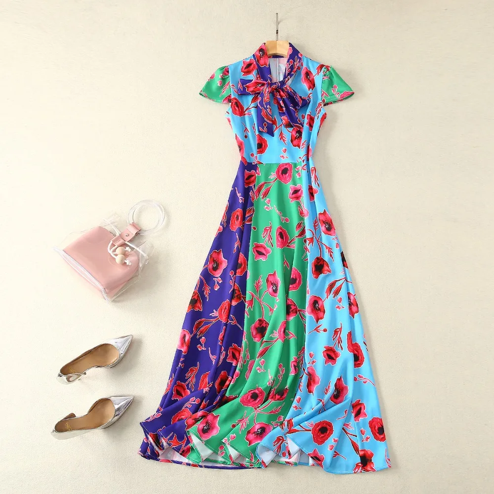 

Runway Designer 2019 Spring Summer Dress Women High Quality Elegant Bow Collar Short Sleeve Floral Print Maxi Holiday Dresses