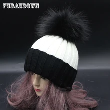 Женские зимние меховые шапки с помпоном для женщин, цветная шапка с помпоном, Женская Вязаная Шапка-бини в стиле пэчворк