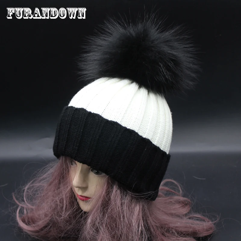 

2018 Ladies Winter Fur Pompom Hats For Women Colour Pompon Bobble Hat Female Patchwork Knitting Beanie Caps