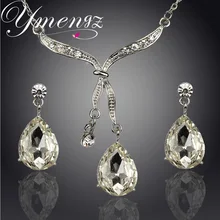 YMENGZ Brand Wedding Set Fashion Water Drop Design Clear Austrian Crystal Silver Plated Necklace Earrings Jewelry Set For Women