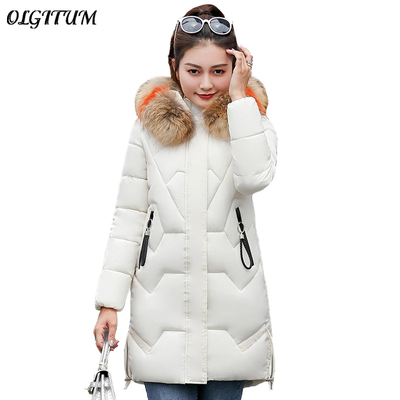 #*Cheap New 2019 Winter Parkas Women Fashion Slim Outwear Artificial Big Fur Collar Hooded Down Cotton Jacket Thicken Warm Winter Coat