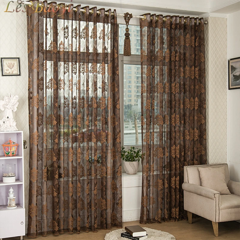 

Les Baoyi Luxury French Window Door Balcony Flocked Curtain Voile Tulle Perspective Window Screen Sheer Living Rooms Curtains