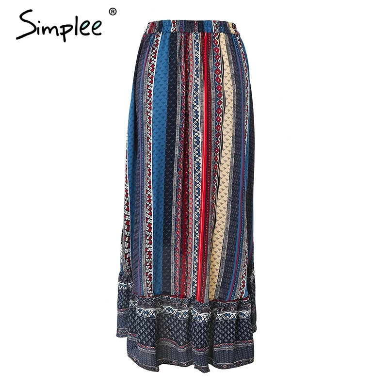 Simplee рюшами boho печати wrap юбка женские летние пляжные повседневные макси Женский