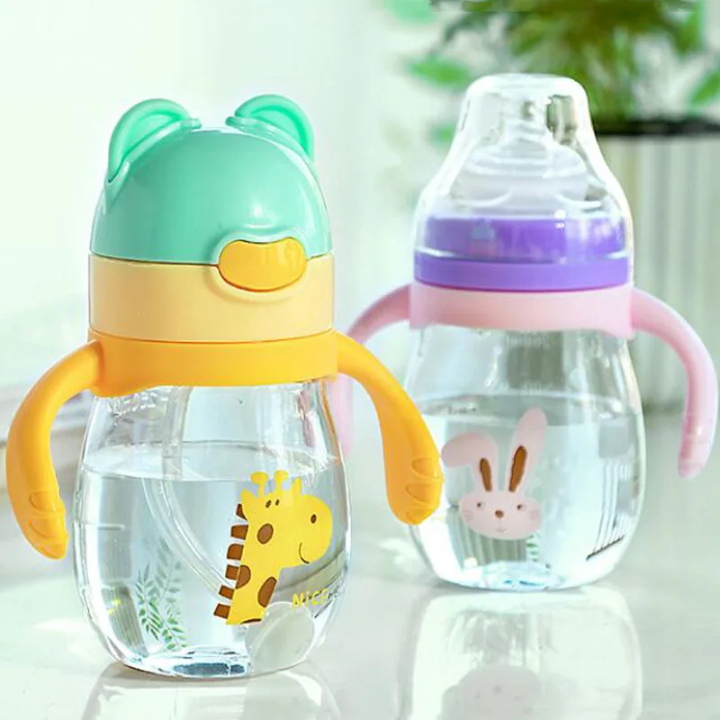 

320ml 2Pcs Lids Cute Baby Feeding Cup with Straw Children Learn Feeding Drinking Bottle with Handle Kids Training Cup