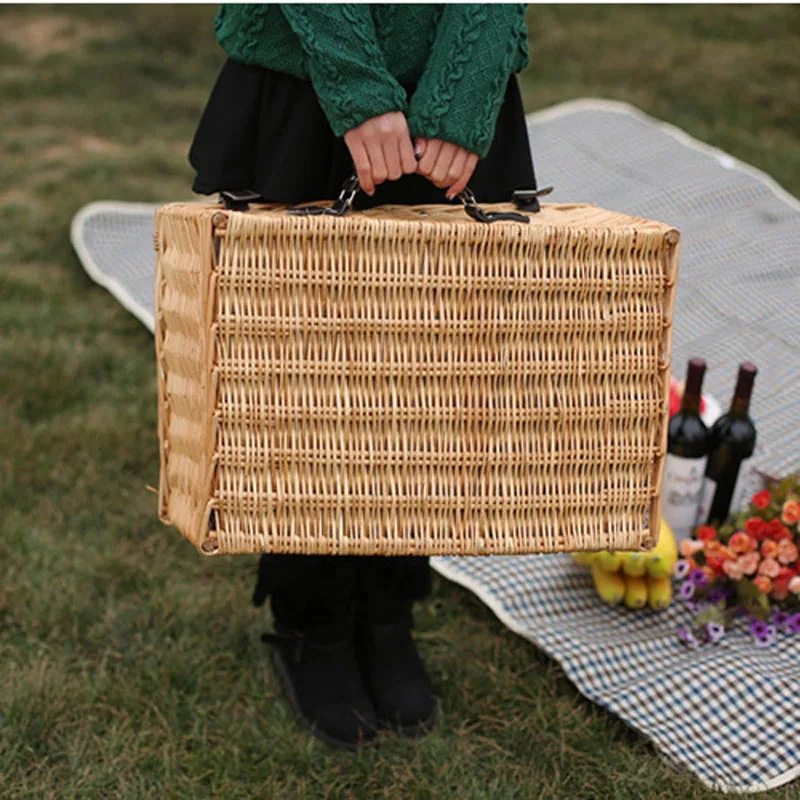 Корзины для пикника ручной работы на открытом воздухе, винтажная плетеная корзина для пикника, набор для 4 человек, подарок для друзей