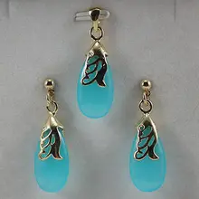 Лидер продаж-из голубого нефрита ювелирные украшения кулон цепочки и ожерелья серьги комплект+ быстрая цепь золотые свадебные широкие часы крылья queen JE