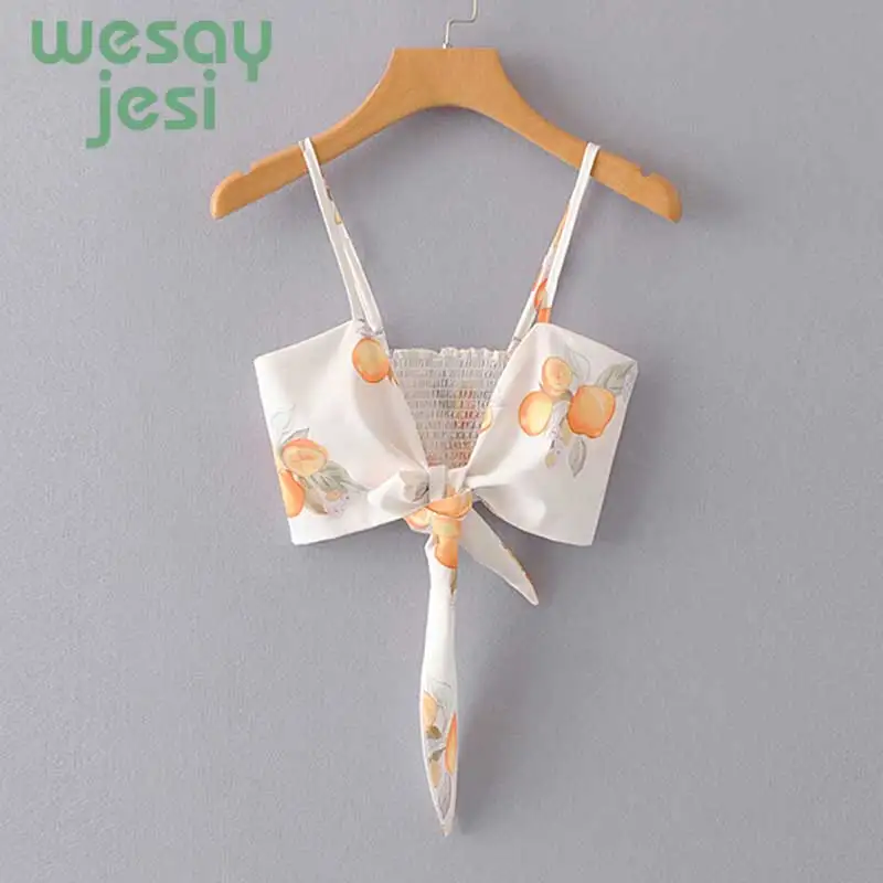 

Women yellow lemon Print Bow Lace-up Summer Boho Beach Strap Blouse Sexy V neck White Short Shirt Crop top 2019